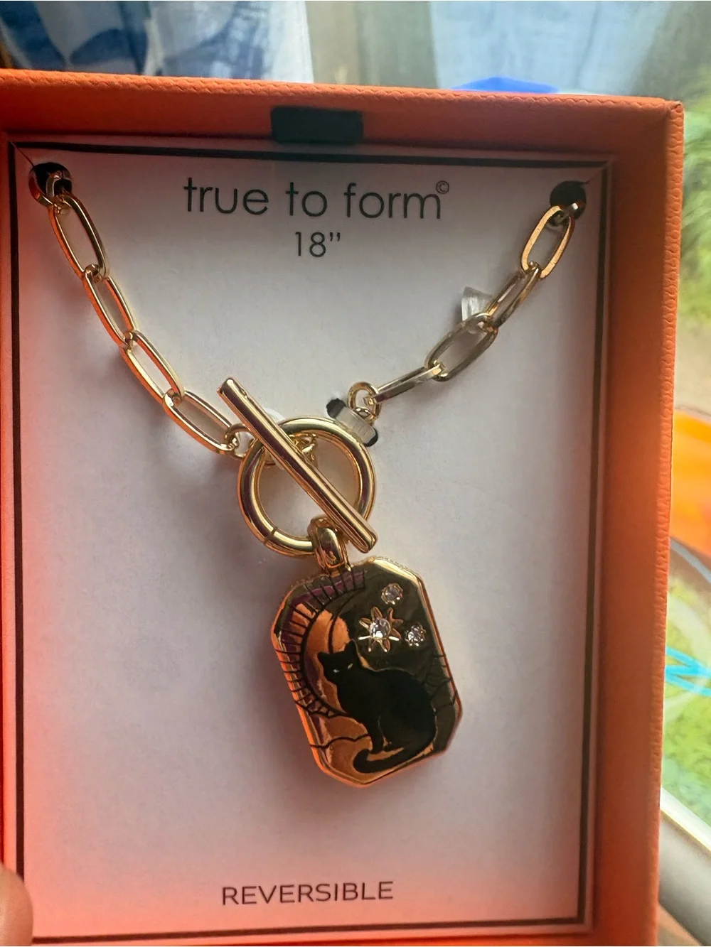 Gold-Tone Cat Pendant Necklace with Black Cat Accent Reversible